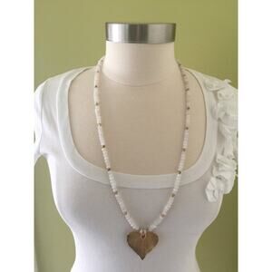 Gold Dipped Leaf Pendant White Glass Beaded Necklace Boho Festival Handmade 30"L